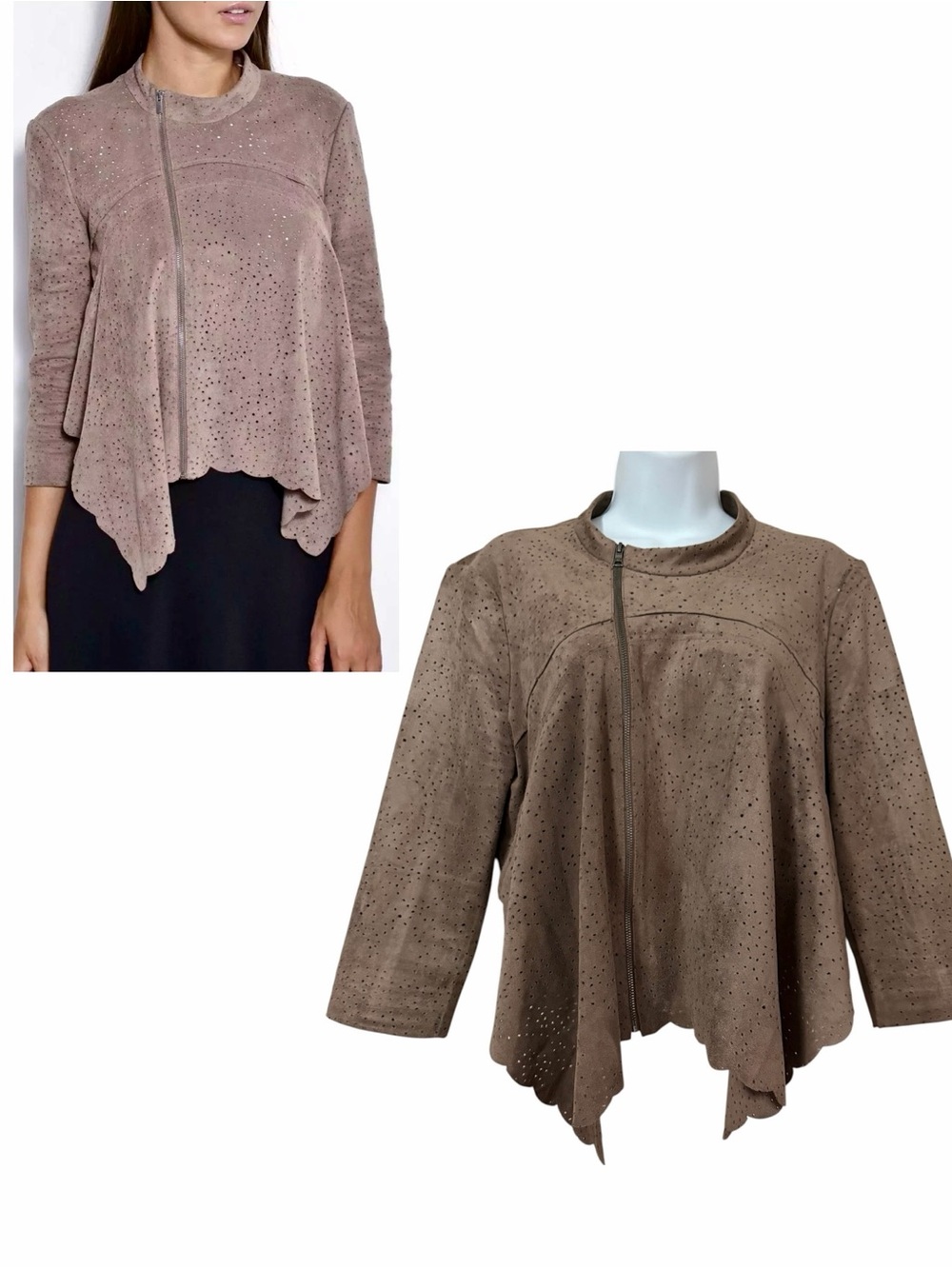 BCBGMAXAZRIA Bri Mocha Perforated Faux Suede Jacket Size Large Zip Up Cropped